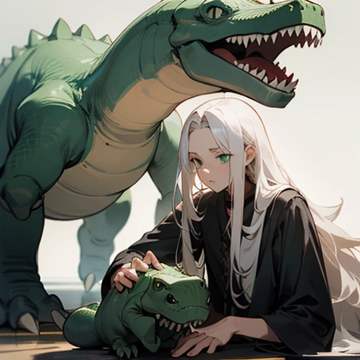 The boy with long white hair leans on the big green dinosaur doll
