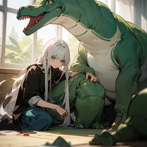The boy with long white hair leans on the big green dinosaur doll