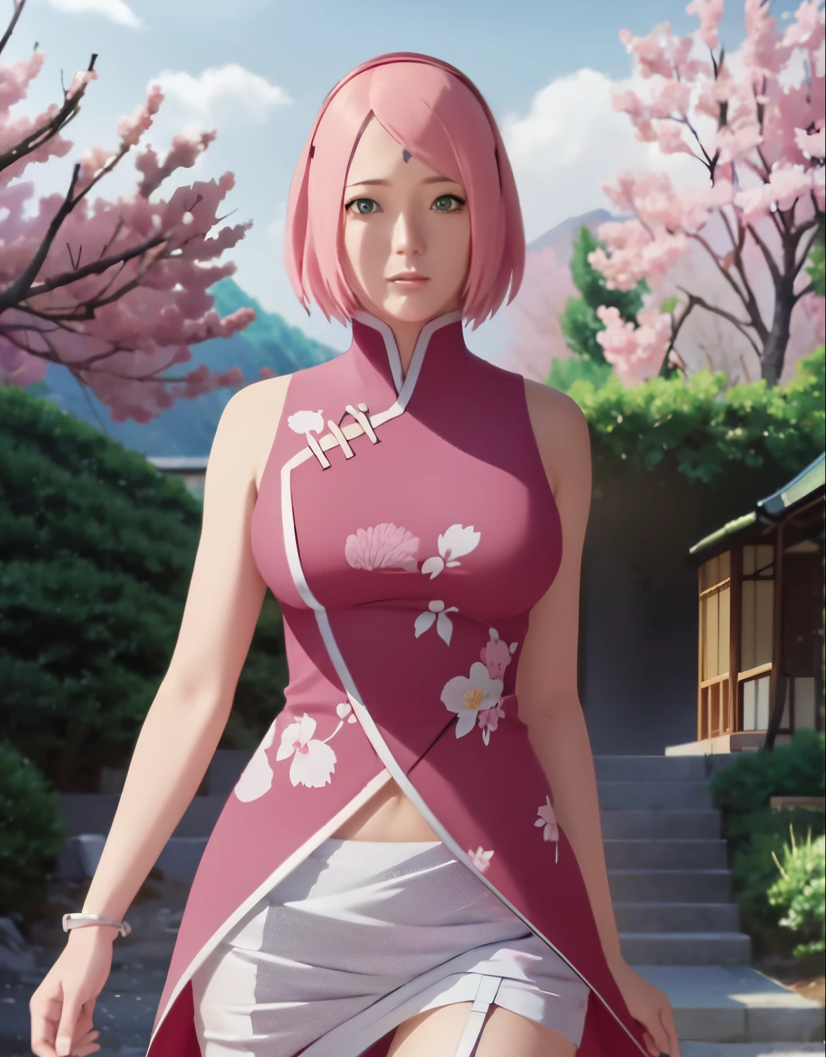 An Idol k-pop girl, (cute face), (lewd face:1,9), braid hair, intricate face details, detailed face, golden ratio face, ((big breasts:1)), ((slim waist, big butt, big hip, big thighs)), ((intricate hands, detailled hands)), ((intricate feets, detailled feets)), full body, 64K, UHD, HDR, global illumination, (high quality, high detailed, hyper detailed, extremely detailed), photo realistic, ultra realistic, art photo, (clarify the details, detailed parts body), intricate artwork masterpiece, trending on artstation, cleavage, kimono, standing near sakura tree, (green eyes:1), (pink hair:1), cherry blossoms fall, Sakura jungle, look at viewer, shoulder level view, lake, water, ((1 girl:2))