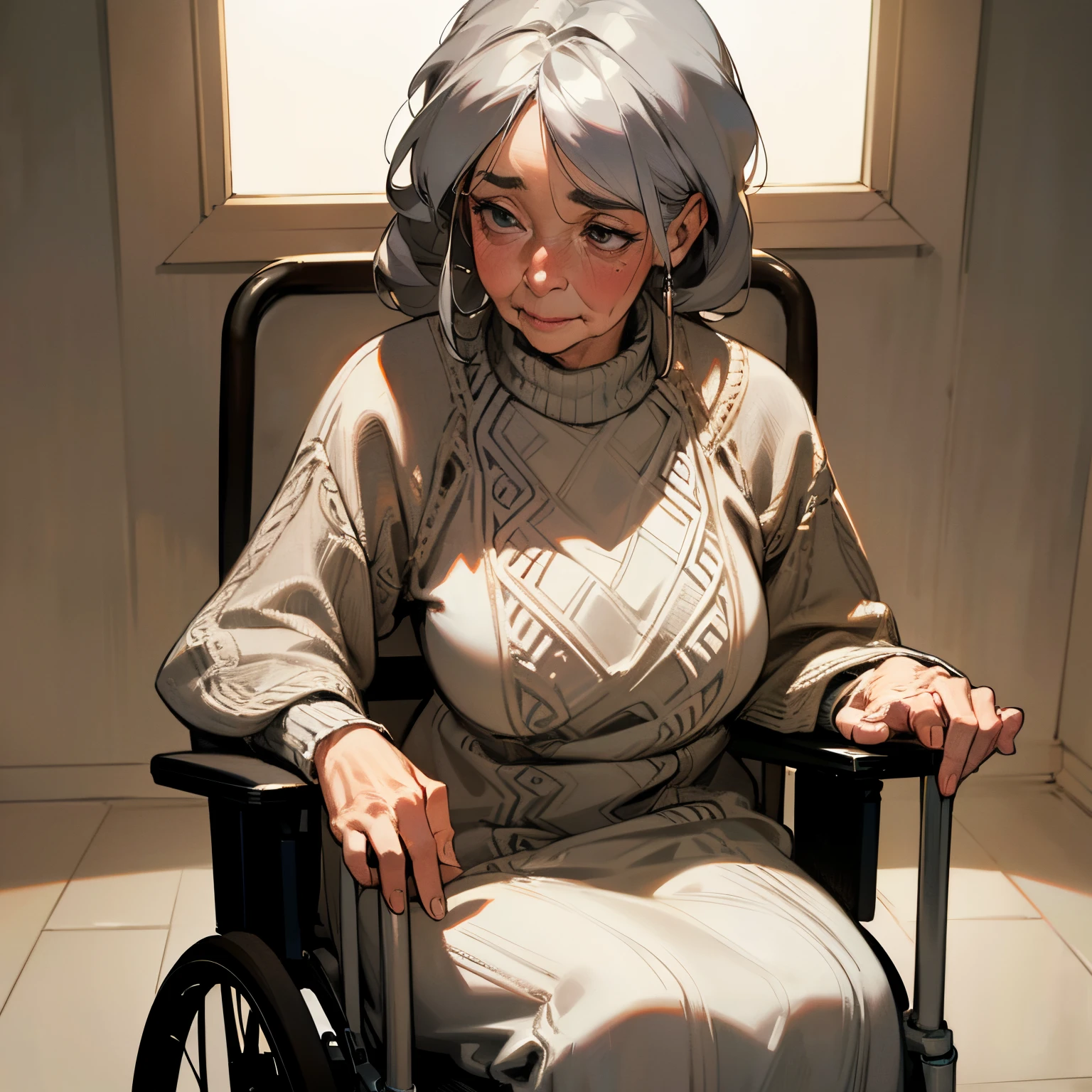 (best quality,4k,8k,highres,masterpiece:1.2),ultra-detailed,realistic,old woman,grey hair,wheelchair, wrinkles, wise eyes, silver accessories, cozy knitted sweater, warm color palette, soft lighting