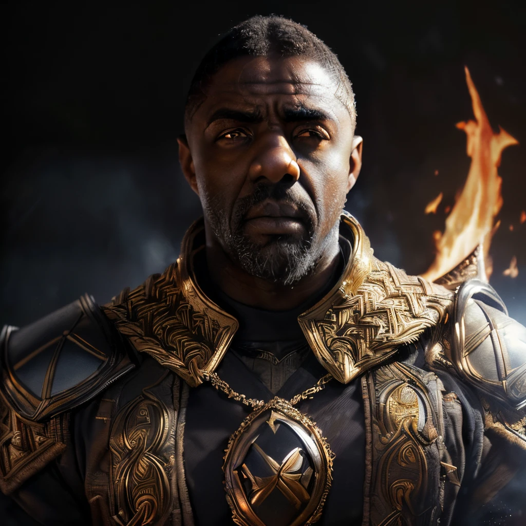 ((masterpiece)), 8k cg, best quality, intricate details, chromatic aberration, close up, ((bust shot)), ((looking at the viewer)), realism, 1man, (((background(((dark background)), fire, fog)), ((Idris Elba)) Heimdall, ((norse armor, god armor, golden cape)) dark skin, big lips, strong face, wide jaw, strong jaw, scars on eyes, facial hair