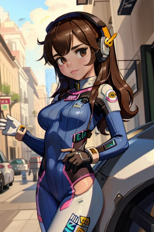 (masterpiece, best quality), intricate details, 1girl, 1girl, d.va (overwatch), solo, long hair, whisker markings, bodysuit, brown hair, facial mark, gloves, breasts, brown eyes, pilot suit, cowboy shot, headphones, white gloves, medium breasts, swept bangs, skin tight, animal print, bangs, bunny print, ribbed bodysuit, facepaint, pink lips,