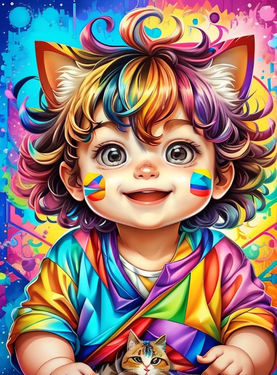 (cute baby boy with a cat smiling),(melhor pose),(best angle), (better expression), Eduardo Kobra acolchoamento ,multidimensional geometric wall PORTRAIT, arte, Chibi,
Yang08k, lindo, Colouring,
Primary works, qualidade superior, melhor qualidade, Arte Oficial, Beautiful and Aesthetic, pelos coloridos,