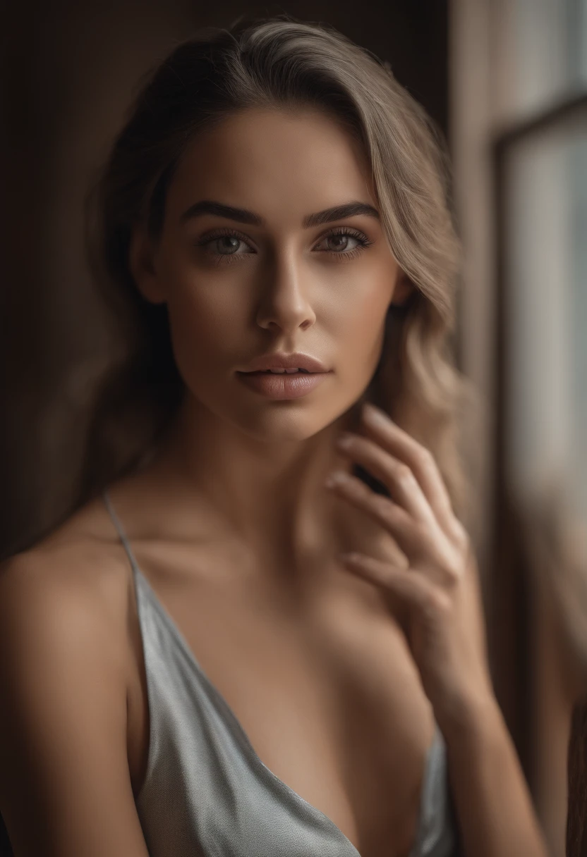 Mulher latina e sueca, menina sexy com olhos azuis, Ultra realista, meticulosamente detalhado, Retrato Sophie Mudd, cabelos castanhos e olhos grandes, selfie de uma jovem mulher, skyscraper background, White Suite, com maquiagem, maquiagem natural, staring directly at camera , Rosto com ArtGram, maquiagem sutil, Great full body photo standing in the room, Sem hotel, Medium to large bust, em traje sexy, standing in the building she is naked and without clothes