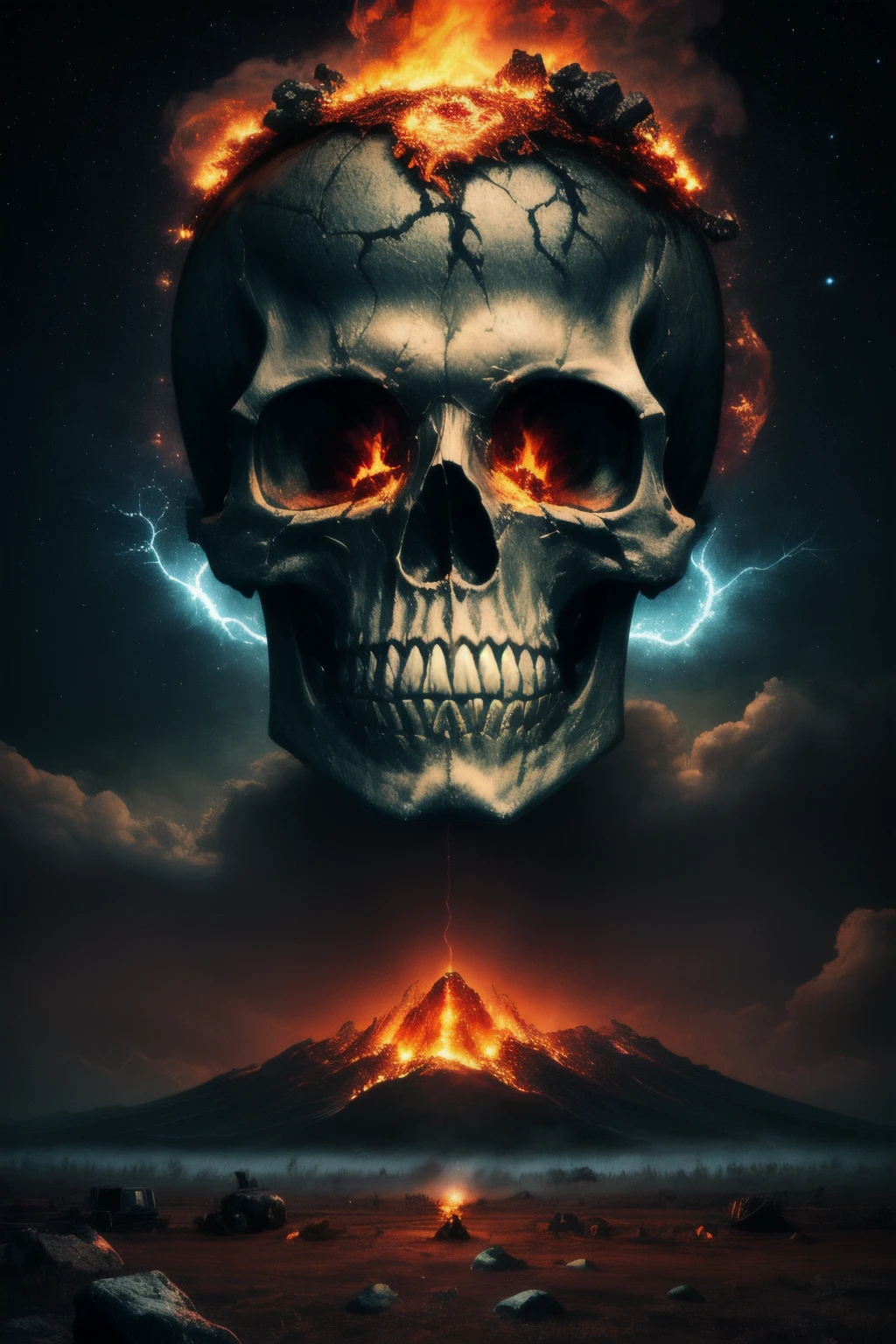 Ultra-detailed 16K resolution, Realistic Apocalypse with Astro Twist. The skull, reminiscent of a rock star, is featured in intricate detail against a backdrop of chaos. Smoke engulfs the scene, flames rage, and lightning illuminates the sky. The celestial elements integrated into the skull's design give it a cosmic, otherworldly vibe. This design captures the intensity of an apocalypse with a unique astro-rock aesthetic((best quality)), ((master part)), (circunstanciado),