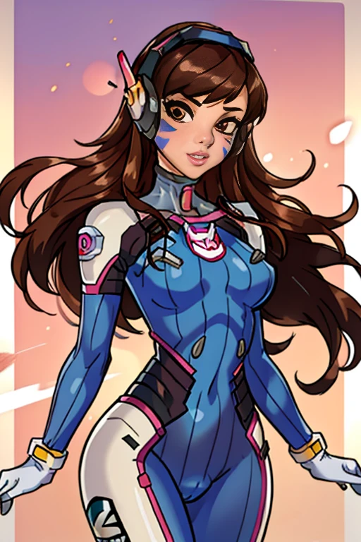 (masterpiece, best quality), intricate details, 1girl, 1girl, d.va (overwatch), solo, long hair, whisker markings, bodysuit, brown hair, facial mark, gloves, breasts, brown eyes, pilot suit, cowboy shot, headphones, white gloves, medium breasts, swept bangs, skin tight, animal print, bangs, bunny print, ribbed bodysuit, facepaint, pink lips,