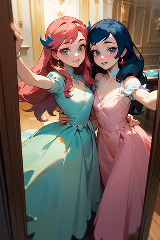 ((best quality)), ((masterpiece)), (detailed), perfect face create a two Disney princesses taking selfie wearing pink in a party room half body