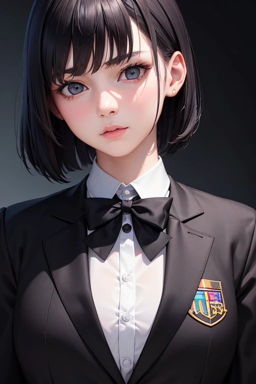 "(best quality,4k,8k,highres,masterpiece:1.2),ultra-detailed,(realistic,photorealistic,photo-realistic:1.37), manhwa art european 17 year old schoolgirl, alabaster skin, ebony black hair with dark violet highlights, asymmetrical a-line bob cut, round dreamy amber eyes, innocent face, wearing a high collared black school blazer with school logo, fully covered body, v shaped face, full puffy cheeks, serious expression, strict character, 8k, detailed features, bright lighting, blurred background