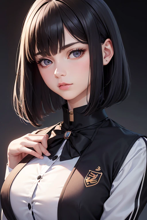 "(best quality,4k,8k,highres,masterpiece:1.2),ultra-detailed,(realistic,photorealistic,photo-realistic:1.37), manhwa art european 17 year old schoolgirl, alabaster skin, ebony black hair with dark violet highlights, asymmetrical a-line bob cut, round dreamy amber eyes, innocent face, wearing a high collared black school blazer with school logo, fully covered body, v shaped face, full puffy cheeks, serious expression, strict character, 8k, detailed features, bright lighting, blurred background