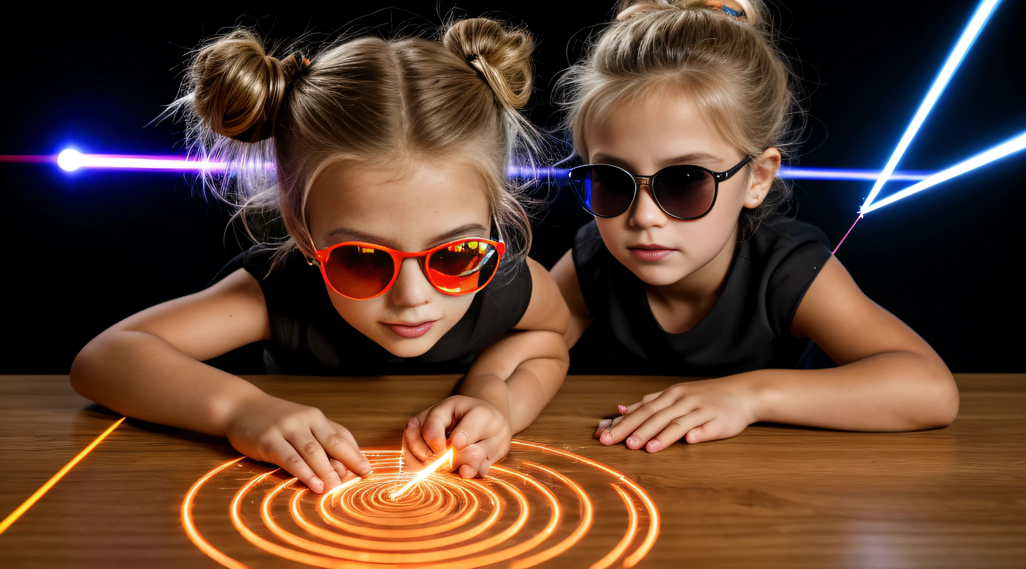 close-up CHILD BLONDE GIRL WITH HAIRBUN, in a black blouse and sunglasses, a laser is being used to illuminate a circle, fundo escuro