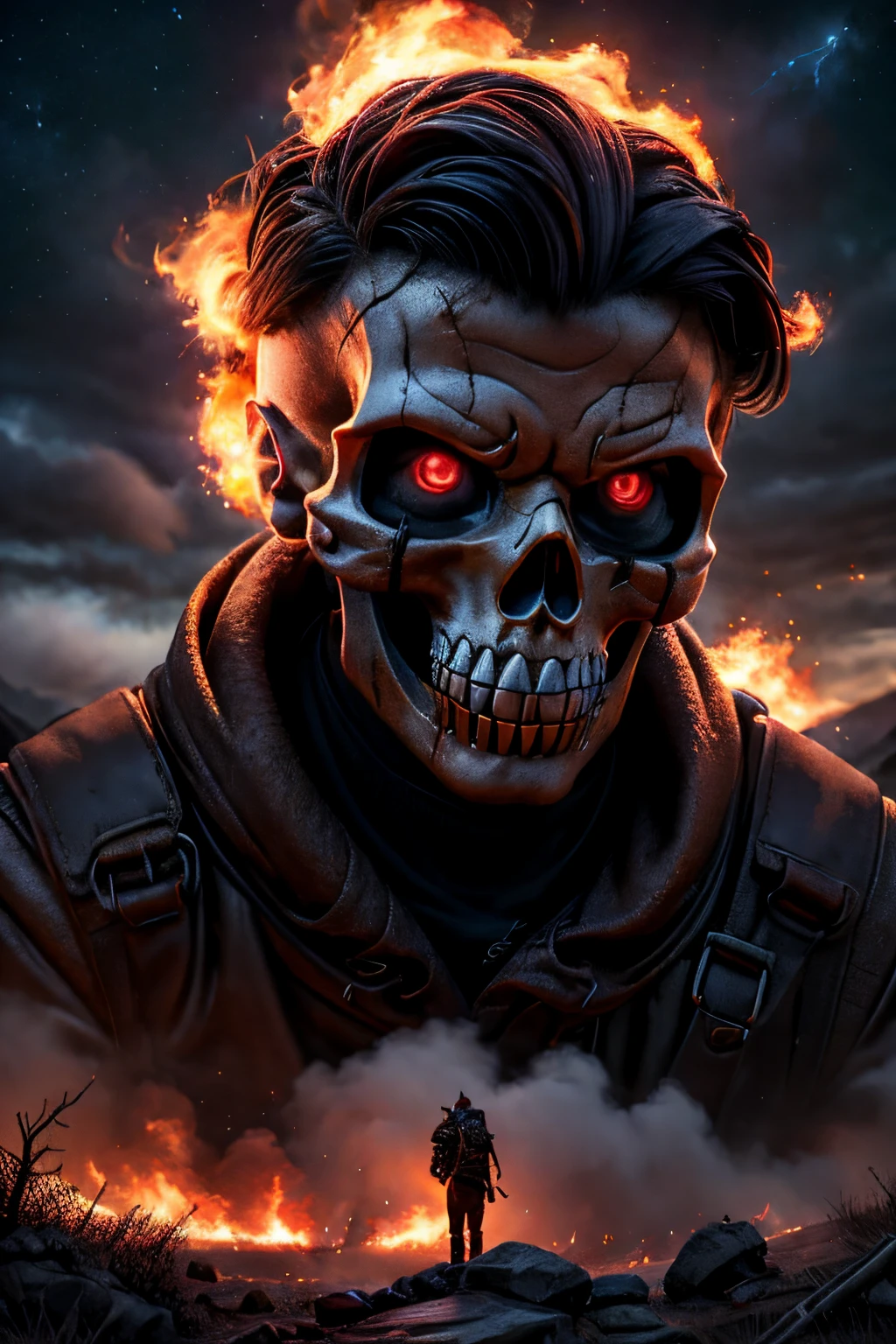 Ultra-detailed 16K resolution, Realistic Apocalypse with Astro Twist. The skull, reminiscent of a rock star, is featured in intricate detail against a backdrop of chaos. Smoke engulfs the scene, flames rage, and lightning illuminates the sky. The celestial elements integrated into the skull's design give it a cosmic, otherworldly vibe. This design captures the intensity of an apocalypse with a unique astro-rock aesthetic((best quality)), ((master part)), (circunstanciado),