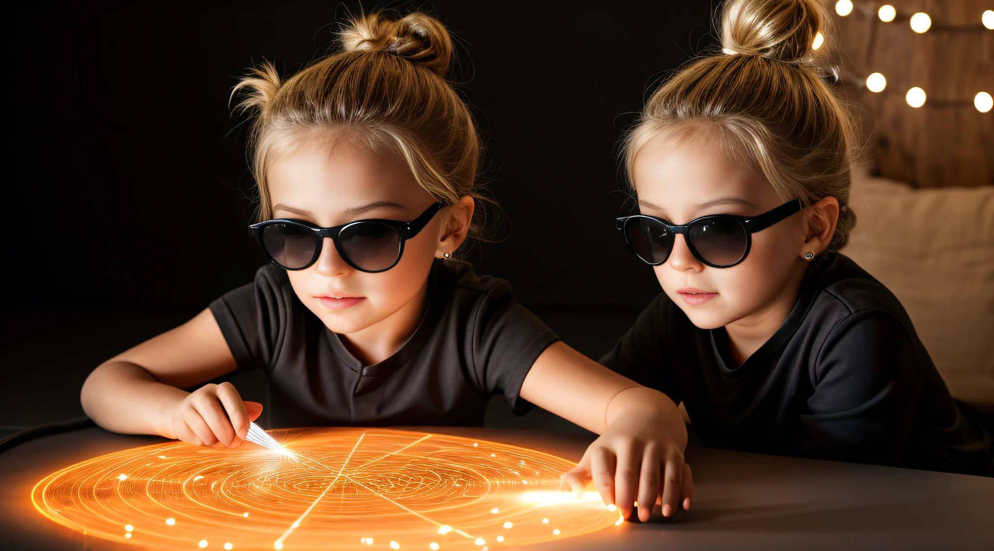 close-up CHILD BLONDE GIRL WITH HAIRBUN, in a black blouse and sunglasses, a laser is being used to illuminate a circle, fundo escuro