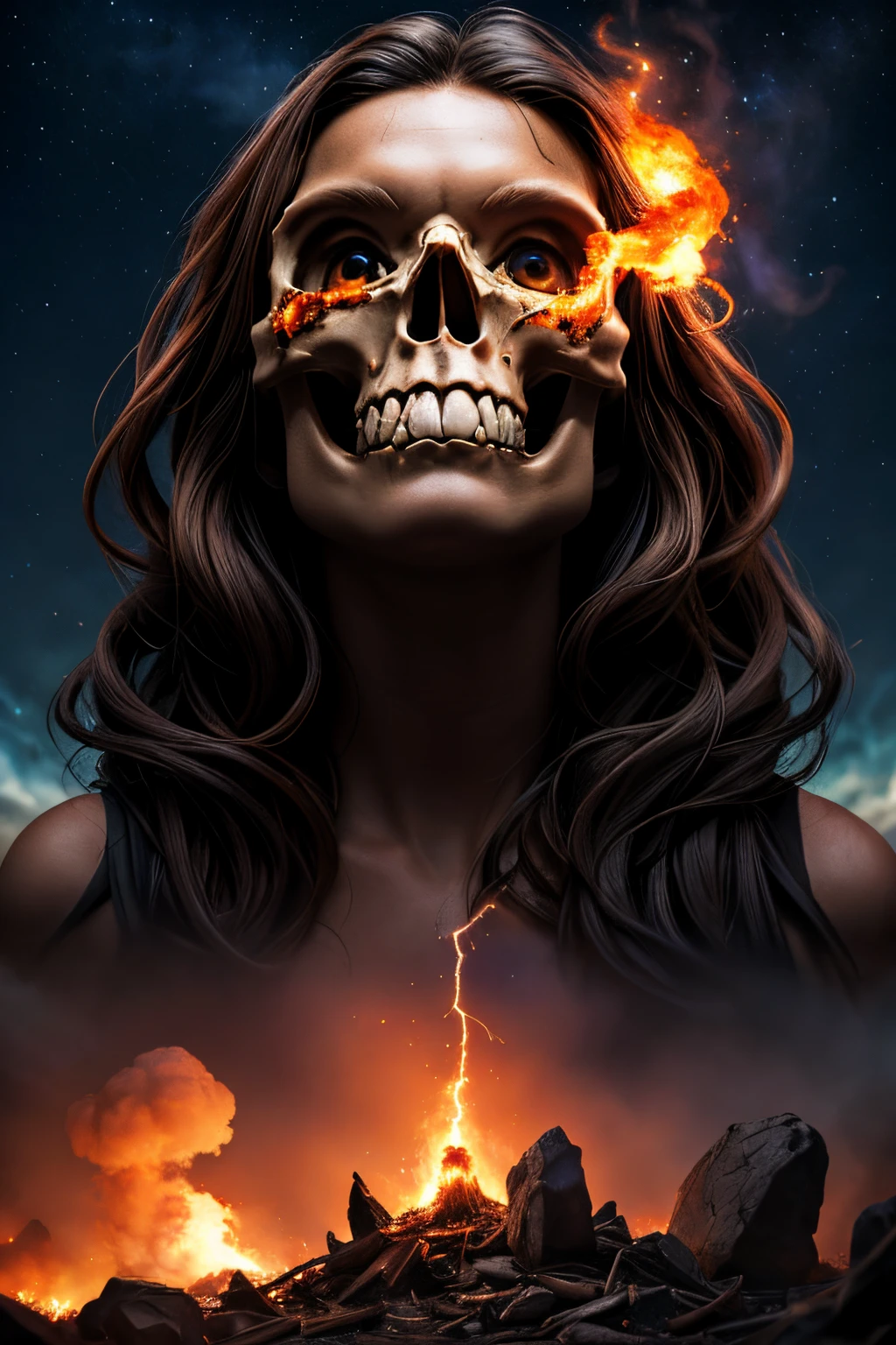 Ultra-detailed 16K resolution, Realistic Apocalypse with Astro Twist. The skull, reminiscent of a rock star, is featured in intricate detail against a backdrop of chaos. Smoke engulfs the scene, flames rage, and lightning illuminates the sky. The celestial elements integrated into the skull's design give it a cosmic, otherworldly vibe. This design captures the intensity of an apocalypse with a unique astro-rock aesthetic((best quality)), ((master part)), (circunstanciado),