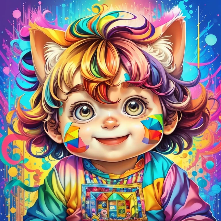 (cute baby boy with a cat smiling),(melhor pose),(best angle), (better expression), Eduardo Kobra acolchoamento ,multidimensional geometric wall PORTRAIT, arte, Chibi,
Yang08k, lindo, Colouring,
Primary works, qualidade superior, melhor qualidade, Arte Oficial, Beautiful and Aesthetic, pelos coloridos,