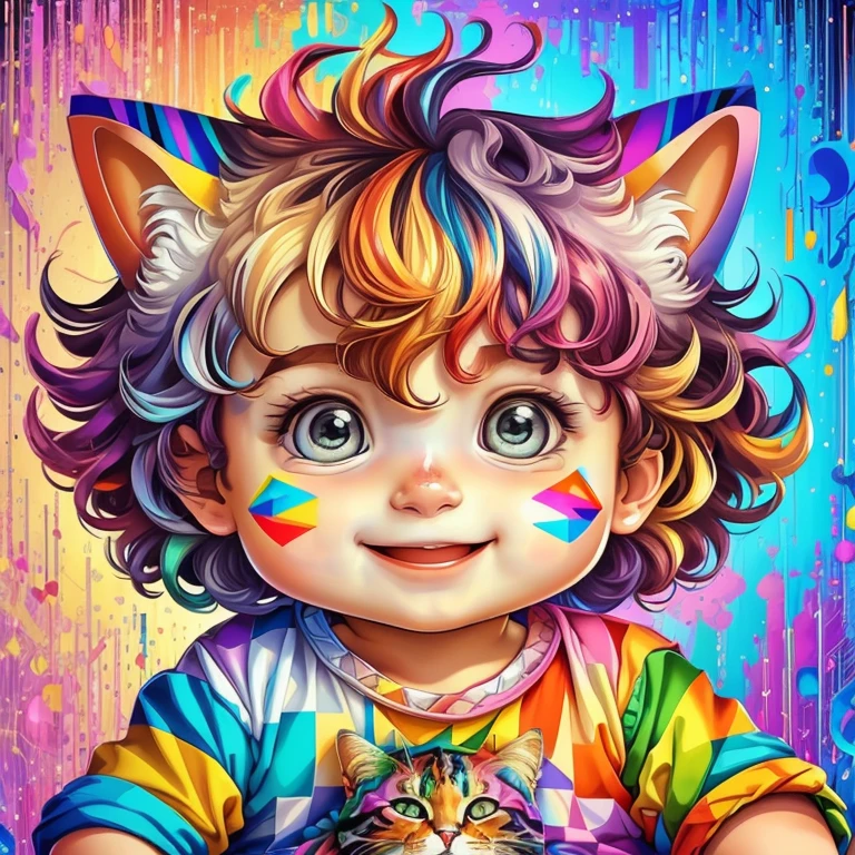 (cute baby boy with a cat smiling),(melhor pose),(best angle), (better expression), Eduardo Kobra acolchoamento ,multidimensional geometric wall PORTRAIT, arte, Chibi,
Yang08k, lindo, Colouring,
Primary works, qualidade superior, melhor qualidade, Arte Oficial, Beautiful and Aesthetic, pelos coloridos,