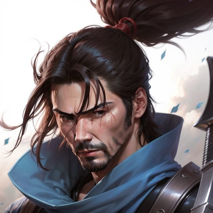 Keanu Reeves, Yaso, league of legend, Keanu Reeves as Yasuo, actual, katana swords, ventania, brunette color hair, hair stuck
