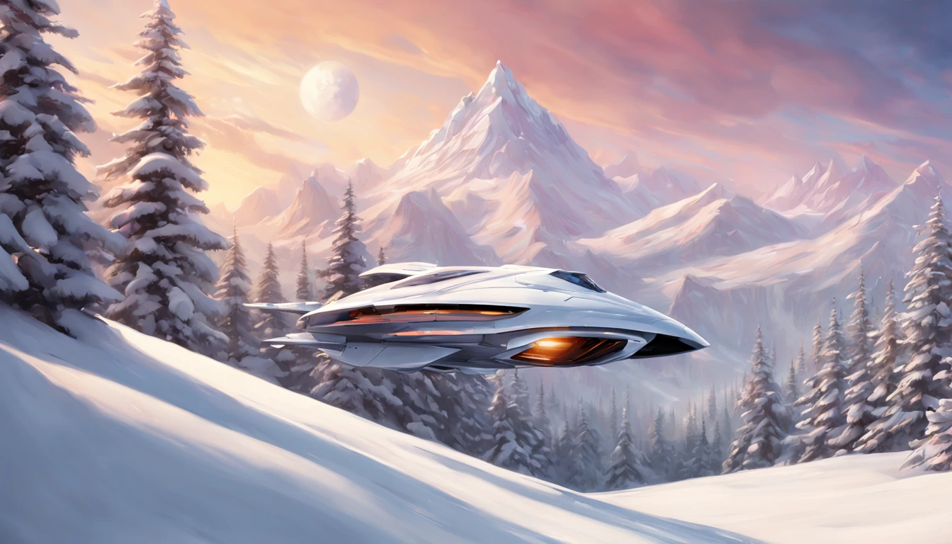 A breathtaking digital painting depicting a futuristic starship soaring gracefully over snow-capped mountain peaks on a serene winter day. The starship, sleek and metallic, contrasts with the white landscape, emitting a soft, cool glow from its streamlined hull. The mountains, majestic and towering, are adorned with tall pine trees and dusted with snow, creating a picturesque winter wonderland. The scene is bathed in the subtle hues of a winter sunset, casting warm orange and pink reflections on the snowy peaks. The lens used to capture this image increases the depth of field, conveying the intricate details of the starship and mountains. Sony G Master 24-70mm f/2.8 lens, ISO 100, f/5.6, 1/100 s, --impressionist style.