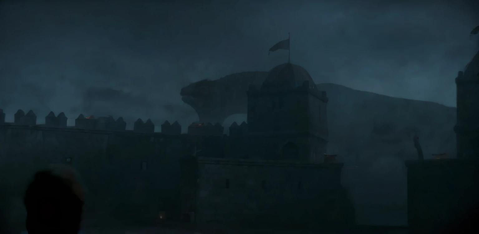 house of the dragons, rainy day, dar, dragon behind castle, realistic