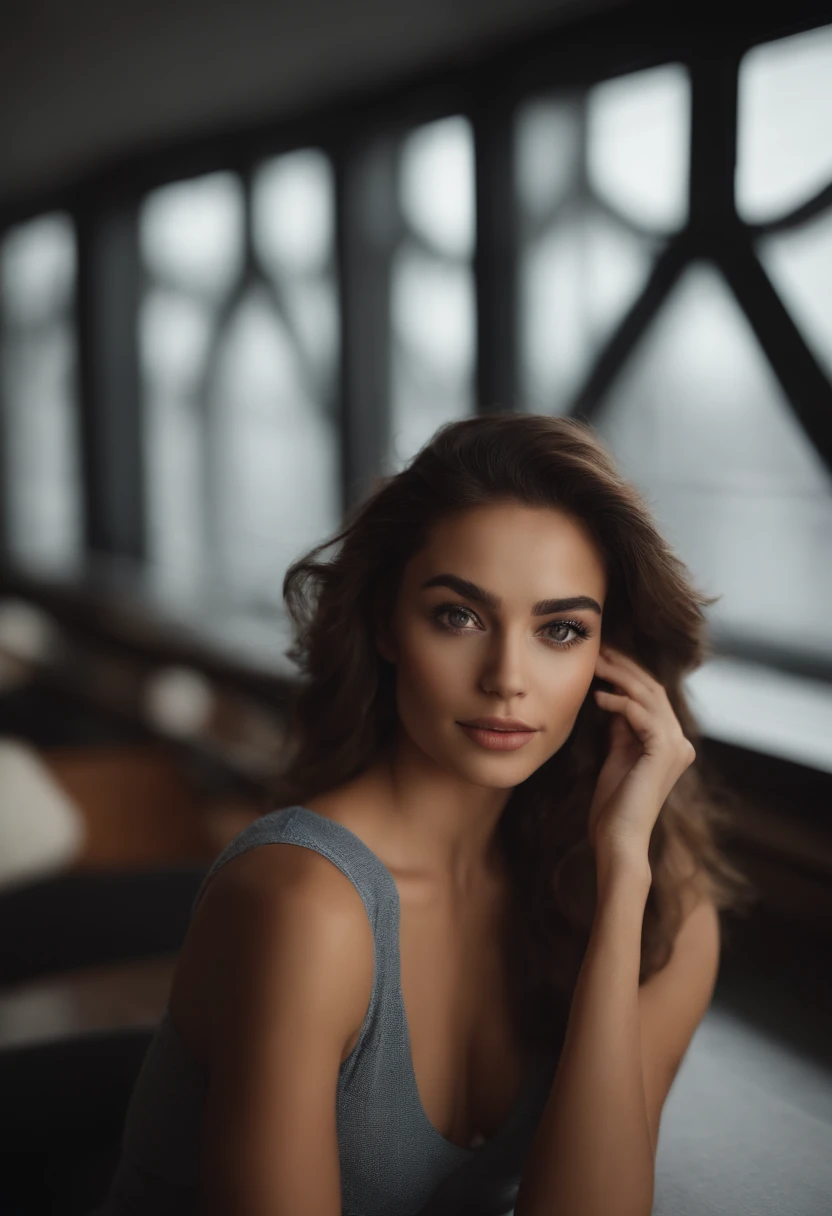 Mulher latina e sueca, menina sexy com olhos azuis, Ultra realista, meticulosamente detalhado, Retrato Sophie Mudd, cabelos castanhos e olhos grandes, selfie de uma jovem mulher, skyscraper background, com maquiagem, maquiagem natural, staring directly at camera , Rosto com ArtGram, maquiagem sutil, Great full body photo standing in the room, Sem hotel, Medium to large bust, sexy, stop at the building, she is naked and without clothes
