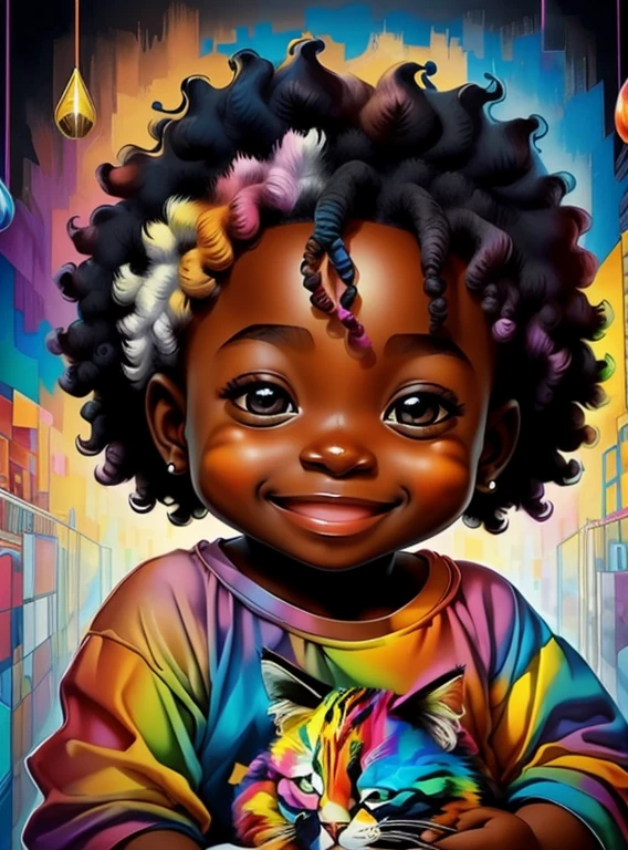 (cute black baby boy with a cat smiling),(melhor pose),(best angle), (better expression), Eduardo Kobra acolchoamento ,multidimensional geometric wall PORTRAIT, arte, Chibi,
Yang08k, lindo, Colouring,
Primary works, qualidade superior, melhor qualidade, Arte Oficial, Beautiful and Aesthetic, pelos coloridos,