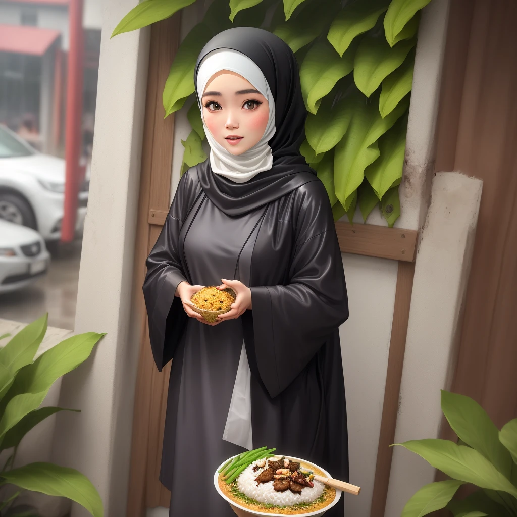Subject:
20s girl in hijab with a face asking for mercy, holding out rice wrapped in banana leaves, "nasi lemak", serving chicken rendang, standing in the drizzle,
Style:
photorealistic, lora style, 8k, cmyk+