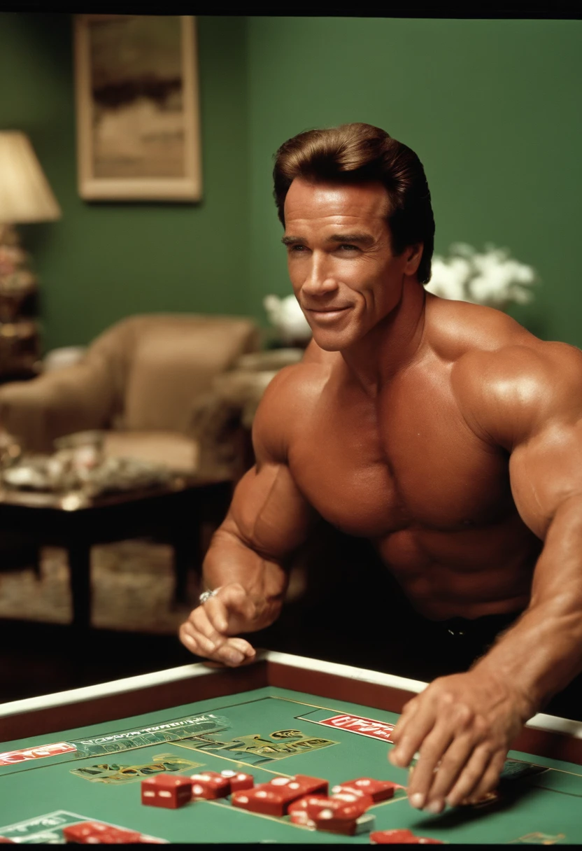 A photo of Arnold Schwarzenegger engaging in a strategic game of Monopoly,original,In the documentary “Pumping Iron,” Arnold Schwarzenegger exudes a towering and muscular physique, his body a sculpted testament to his dedication to bodybuilding. His appearance is marked by his signature confident swagger, a charming smile, and an almost palpable aura of self-assuredness., male