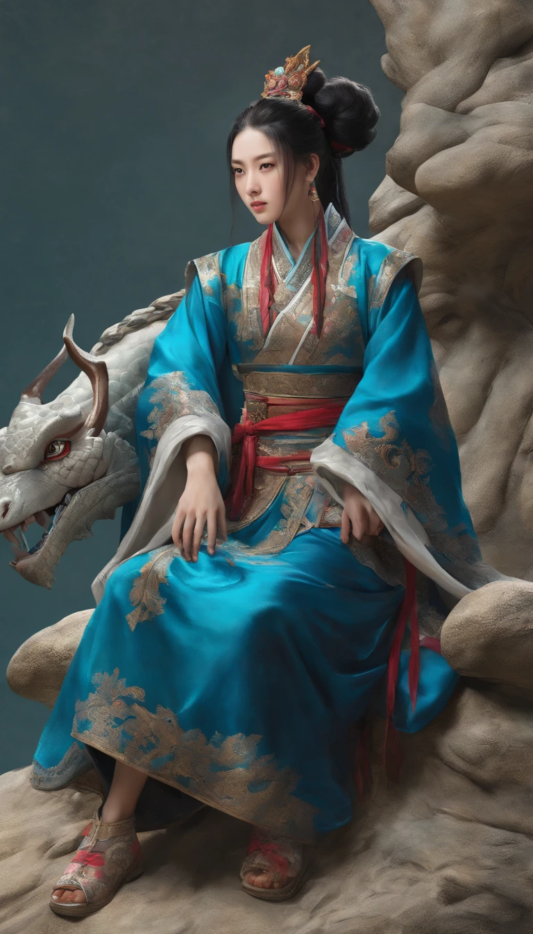 Alafid woman in blue dress sitting on a rock with a dragon, chinese fantasy, Portrait of the Dragon Woman, cyan chinese dragon fantasy, xianxia fantasy, Popular topics on cgstation, drak, author:Hero, palace , A girl in Hanfu, fantasy art style, dragon girl, beautiful fantasy empress, Inspired by Chen Yifei, sha xi