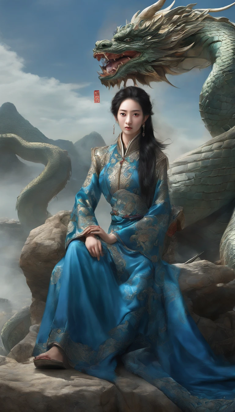 Alafid woman in blue dress sitting on a rock with a dragon, chinese fantasy, Portrait of the Dragon Woman, cyan chinese dragon fantasy, xianxia fantasy, Popular topics on cgstation, drak, author:Hero, palace , A girl in Hanfu, fantasy art style, dragon girl, beautiful fantasy empress, Inspired by Chen Yifei, sha xi