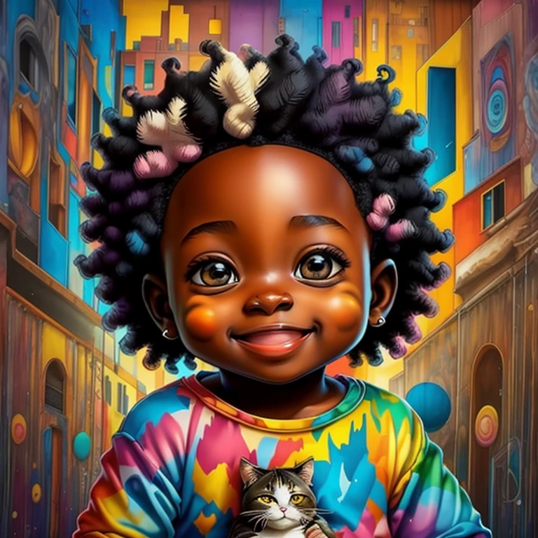 (cute black with a cat smiling),(melhor pose),(best angle), (better expression), Eduardo Kobra acolchoamento ,multidimensional geometric wall PORTRAIT, arte, Chibi,
Yang08k, lindo, Colouring,
Primary works, qualidade superior, melhor qualidade, Arte Oficial, Beautiful and Aesthetic, pelos coloridos,