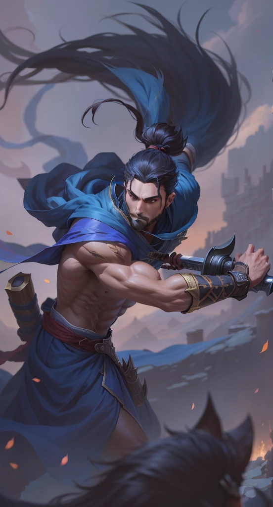 Arafad image of a man holding a sword and sword, Silas, heise jinyao, bian lian, author:Hero, Official splash art, Iconic character splash art, G Liulian art style, Liu Stanley, Very detailed ArtGerm, author:Ruan Jia and Stanley Atjem, xianxia hero,league of legend,Yasuo,