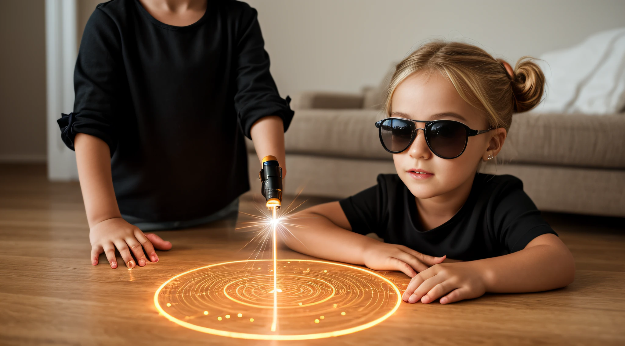 close-up CHILD BLONDE GIRL WITH HAIRBUN, in a black blouse and sunglasses, a laser is being used to illuminate a circle, fundo escuro