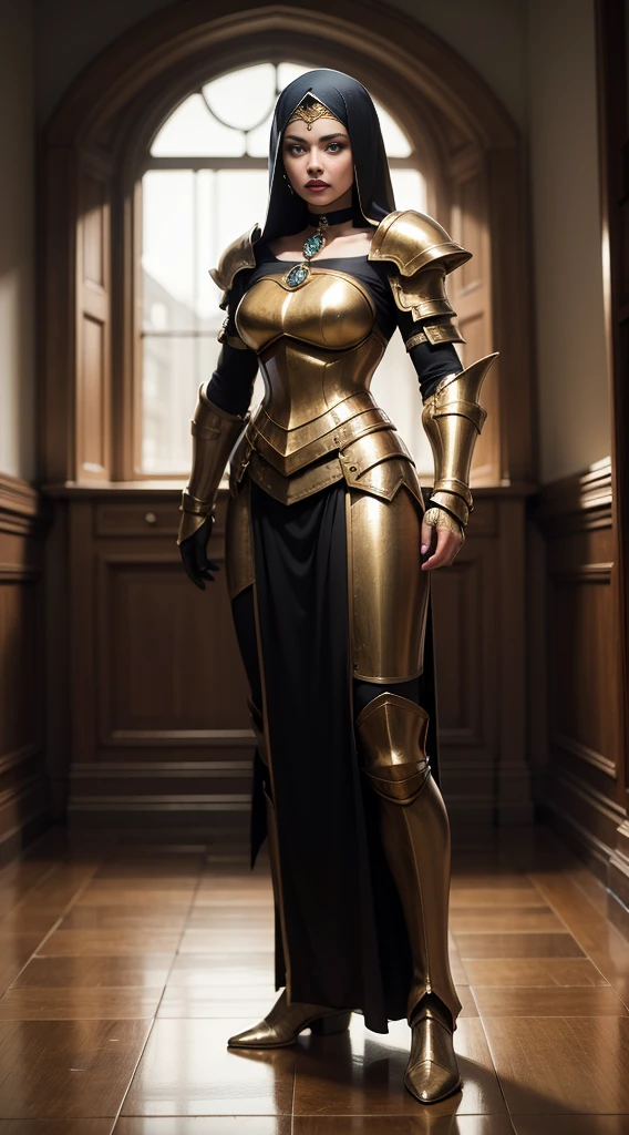 full body, standing on bed, masterpiece, best quality, ultra-detailed, absurdres, warhummer 40000, adepta sororitas, girl, 1 person, beautiful face, a beautiful face, the perfect face, sister battle, warrior sororitas, nun, sister, armor, heavy armor, metal boots, choker with golden cow bell attached it, hood, bracers