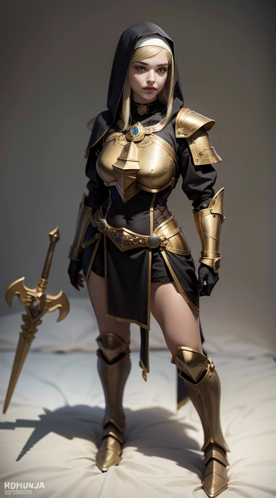full body, standing on bed, masterpiece, best quality, ultra-detailed, absurdres, warhummer 40000, adepta sororitas, girl, 1 person, beautiful face, a beautiful face, the perfect face, sister battle, warrior sororitas, nun, sister, armor, heavy armor, metal boots, choker with golden cow bell attached it, hood, bracers