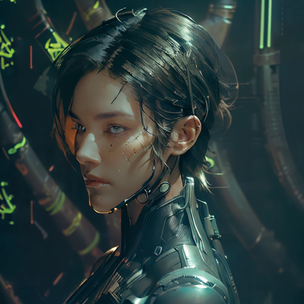 (masterpiece), 8k cg, best quality, intricate details, chromatic aberration, ((bust shot)), ((looking at the viewer)), 1girl, ((Character((a girl)), straight face, closed mouth, soft lips ,deep blue eyes)), strong face, chiseled face, sharp features, cheekbones, perfect facial features, ((shorthair, ((black hair)), long bangs)), ((cyberpunk bodysuit((intricate details, neon lihts, gauges, pipes, wires, cables)), cyber arms, android body)), defined body, slender, muscular body, (((background(((dark background)), fog)))