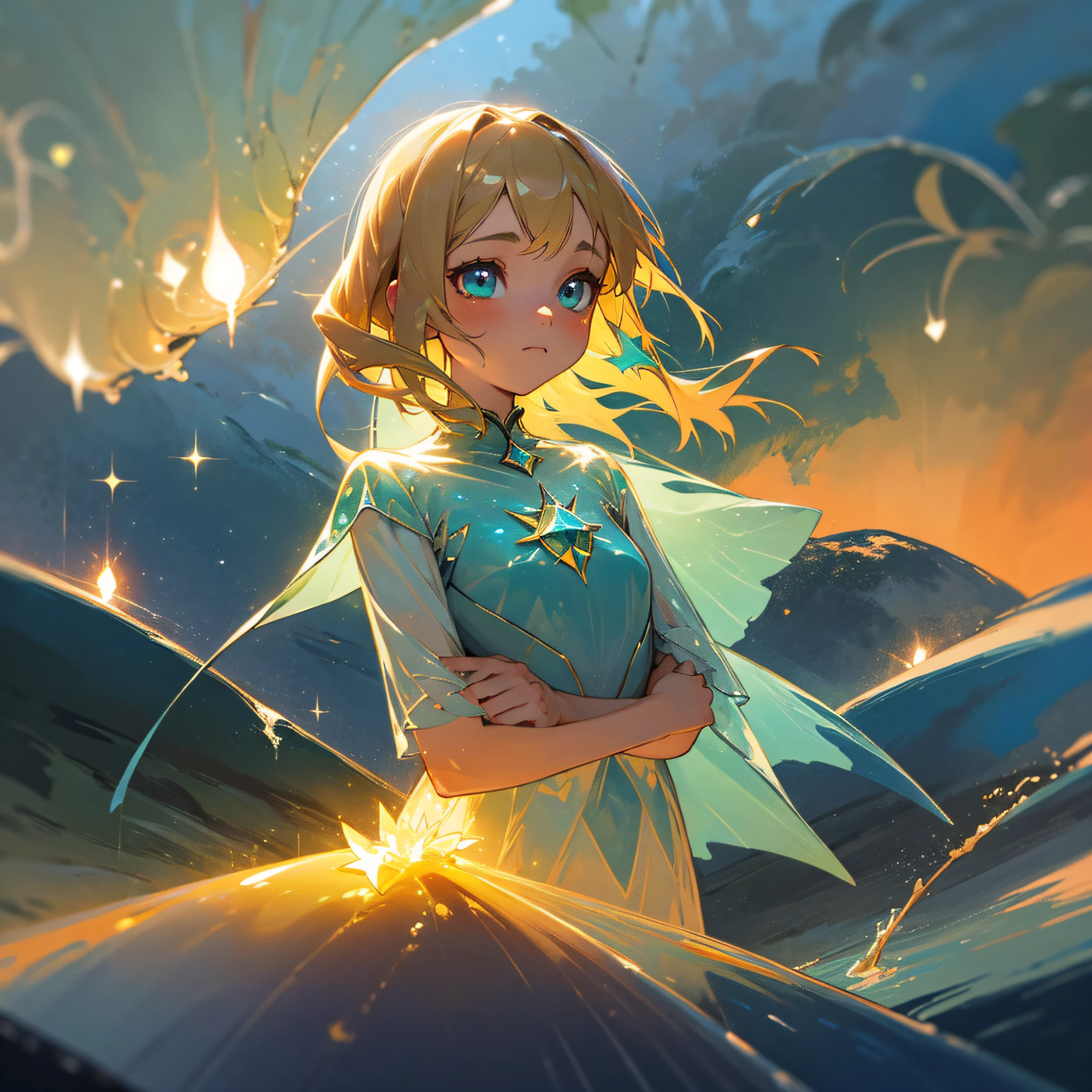 masterpiece, best quality, sharp focus, 8k, intricately detailed environment, anime, watercolor illustration, colorful, bright colors, whimsical, glowing lights, liquid otherworldly, fairy lights, beautiful girl in flowing liquid glowing dress, perfect face, golden ratio, sparkling eyes, watercolor, liquid light, angel wings