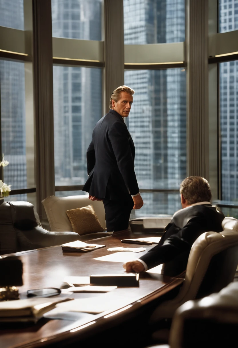 A photo of Gekko negotiating a high-value real estate deal in a luxurious office space.,Wall Street,Gordon Gekko, the iconic character from the film “Wall Street,” is the epitome of 1980s corporate greed and style, often seen in tailored, expensive suits that signify his success and power in the financial world. He is distinguished by his slicked-back hair and a confident, almost predatory gaze, enhancing his image as a ruthless and savvy Wall Street tycoon., male