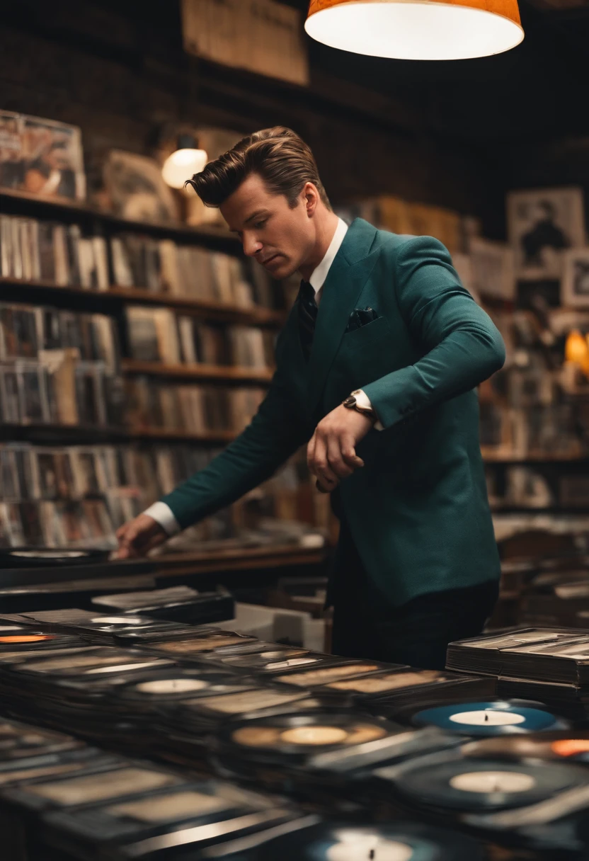 A photo of the character exploring a vintage vinyl record store, browsing through a collection of rare finds,original,he is rick astley, male