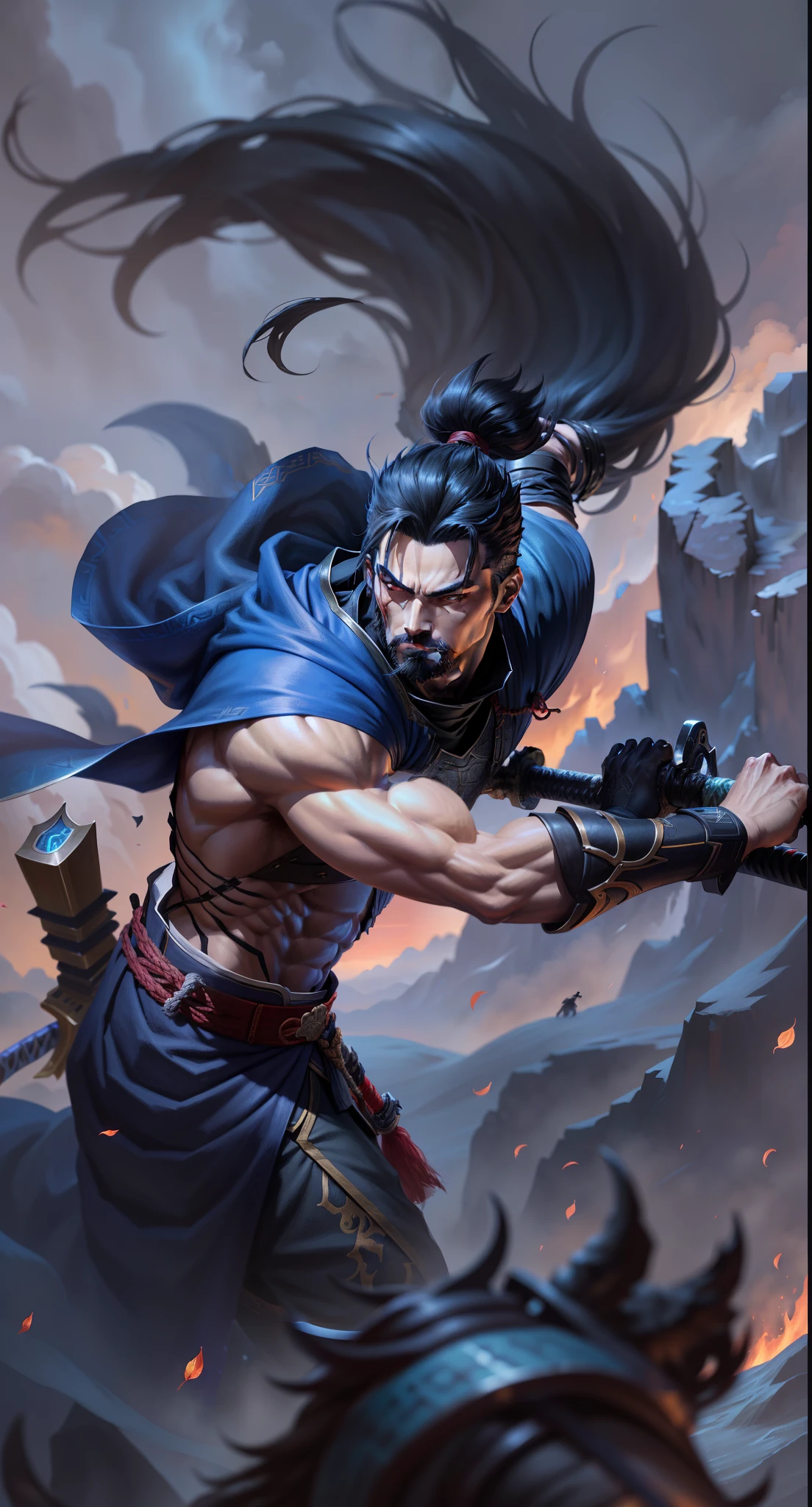 Close-up of a man holding a katana in his hand, Silas, heise jinyao, author:Hero, G Liulian art style, Inspired by Huang Shen, bian lian, xianxia hero, inspired by Li Kan, zhao yun, art jem style, author:Ruan Jia and Stanley Atjem, author:Shen Zhou,league of legend,Yasuo,The sword,