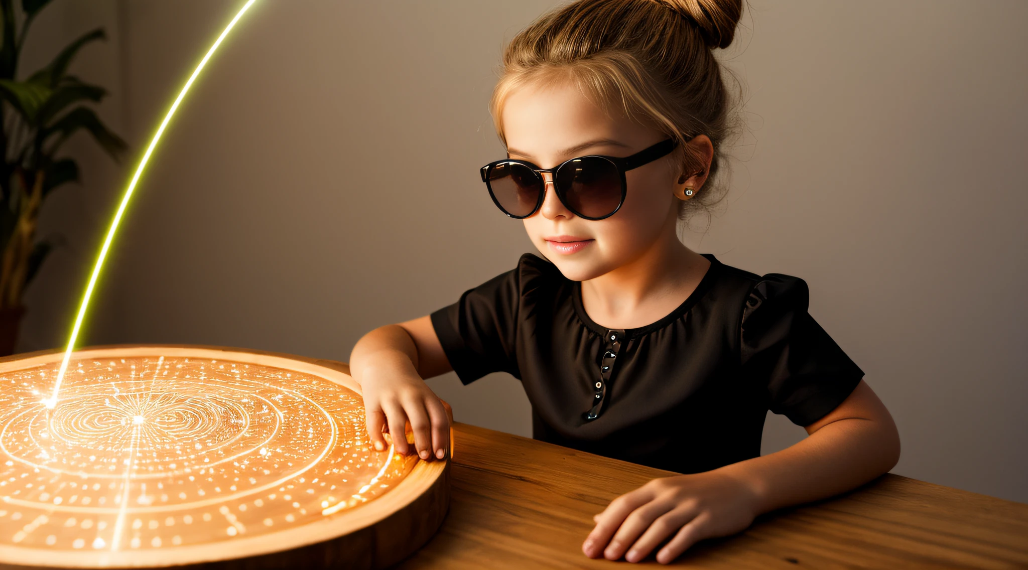 close-up CHILD BLONDE GIRL WITH HAIRBUN, in a black blouse and sunglasses, a laser is being used to illuminate a circle, fundo escuro