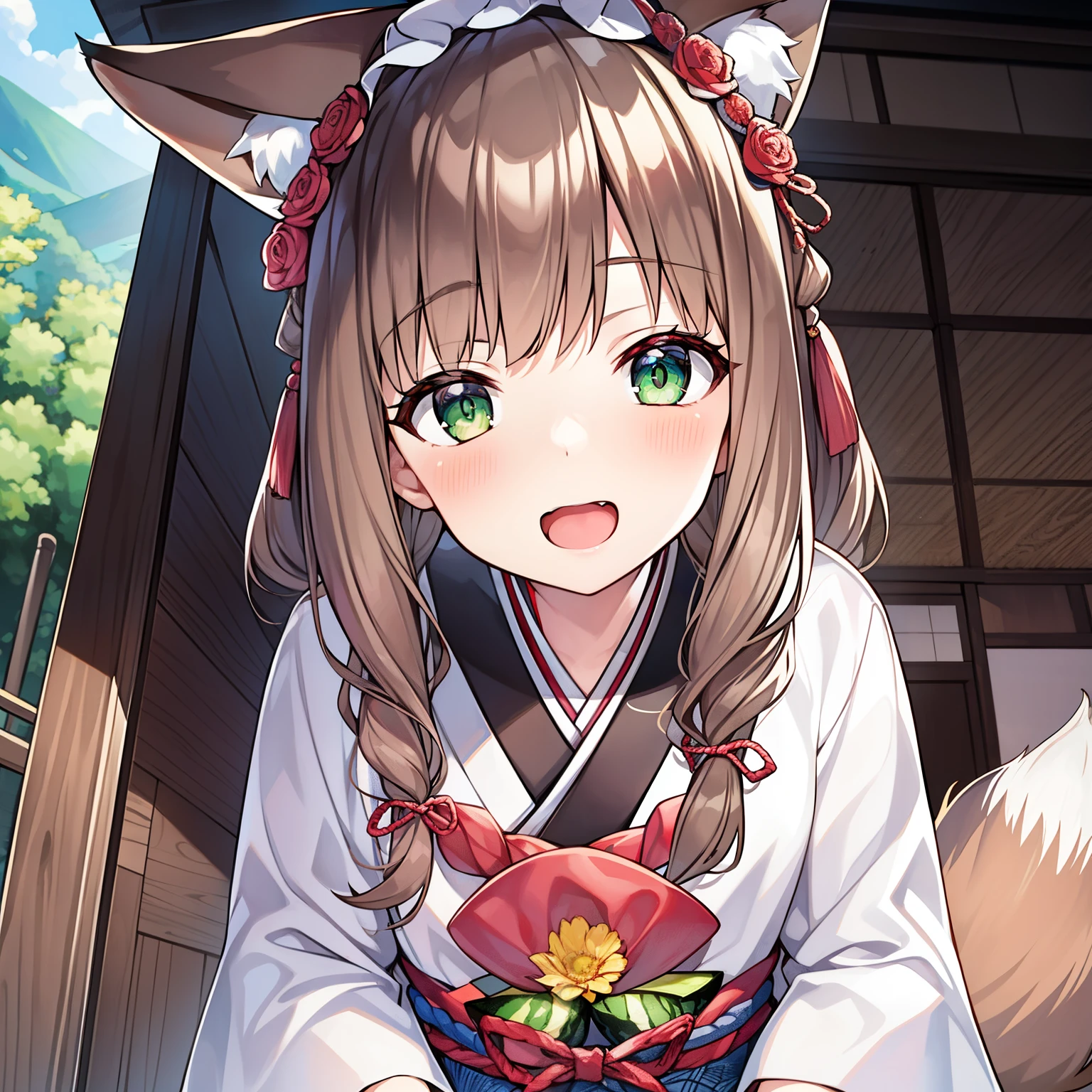 tmasterpiece, Best quality, A high resolution), 1 girl, Alone, Oversized fox tail，Long brown hair，Green-eyed，Small flower headdress, (13-year-old junior high school student)，modernn architecture，A MILF，Japanese countryside backyard，夏天，Eat cut watermelon，Wear a white dress，Middle distance face-to-face perspective，