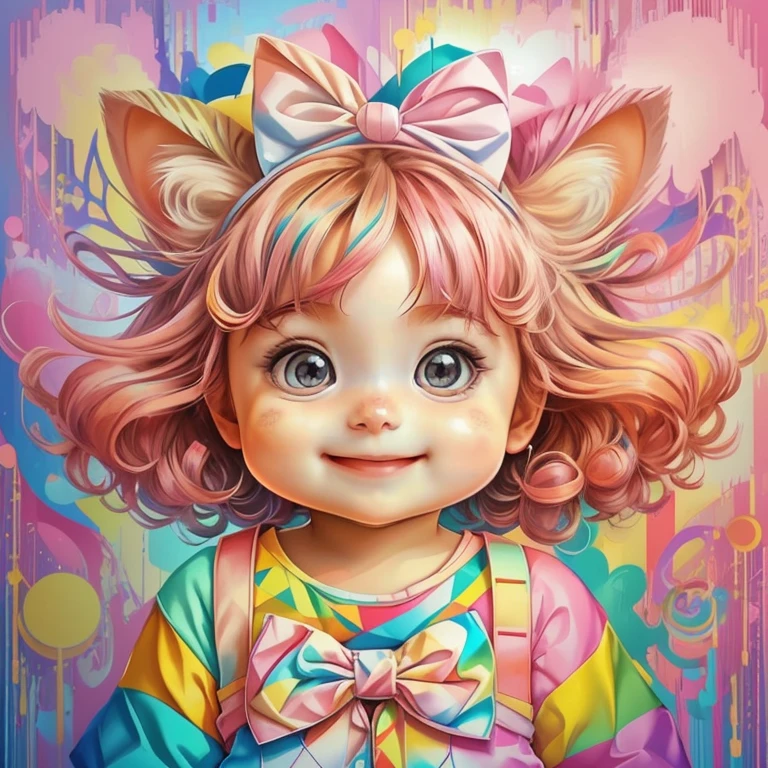 (cute baby girl with pink bow and a cat smiling),(melhor pose),(best angle), (better expression), Eduardo Kobra acolchoamento ,multidimensional geometric wall PORTRAIT, arte, Chibi,
Yang08k, lindo, Colouring,
Primary works, qualidade superior, melhor qualidade, Arte Oficial, Beautiful and Aesthetic, pelos coloridos,