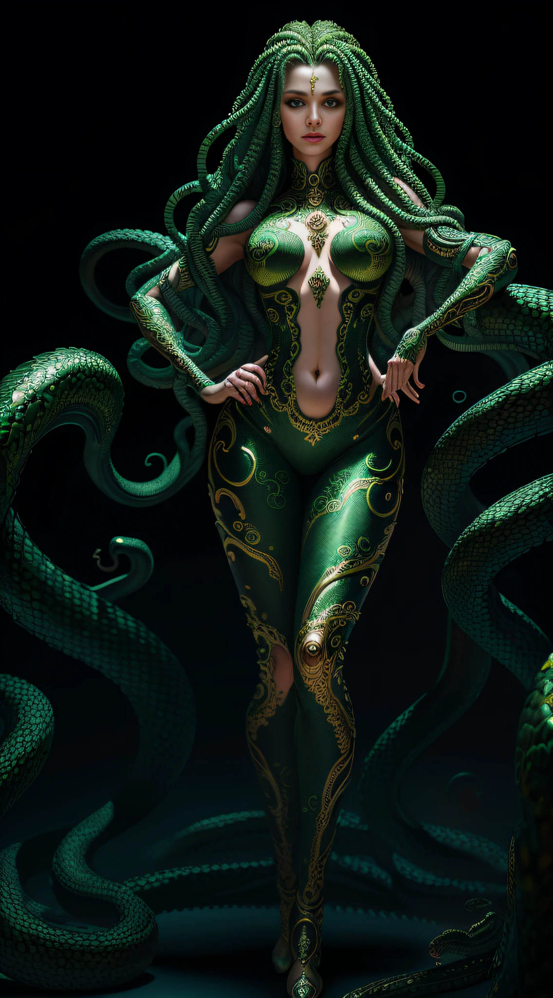 ((best quality)), ((masterpiece)), ((realistic)), Medusa, full body, the hair is composed of countless small snakes, green eyes, female face, metal carved top, royal aura, trend on artstation , sharp focus, studio photo, intricate detail, very detailed, detailed eye, illustration, very detailed, sharp focus, digital render, professional, 4k