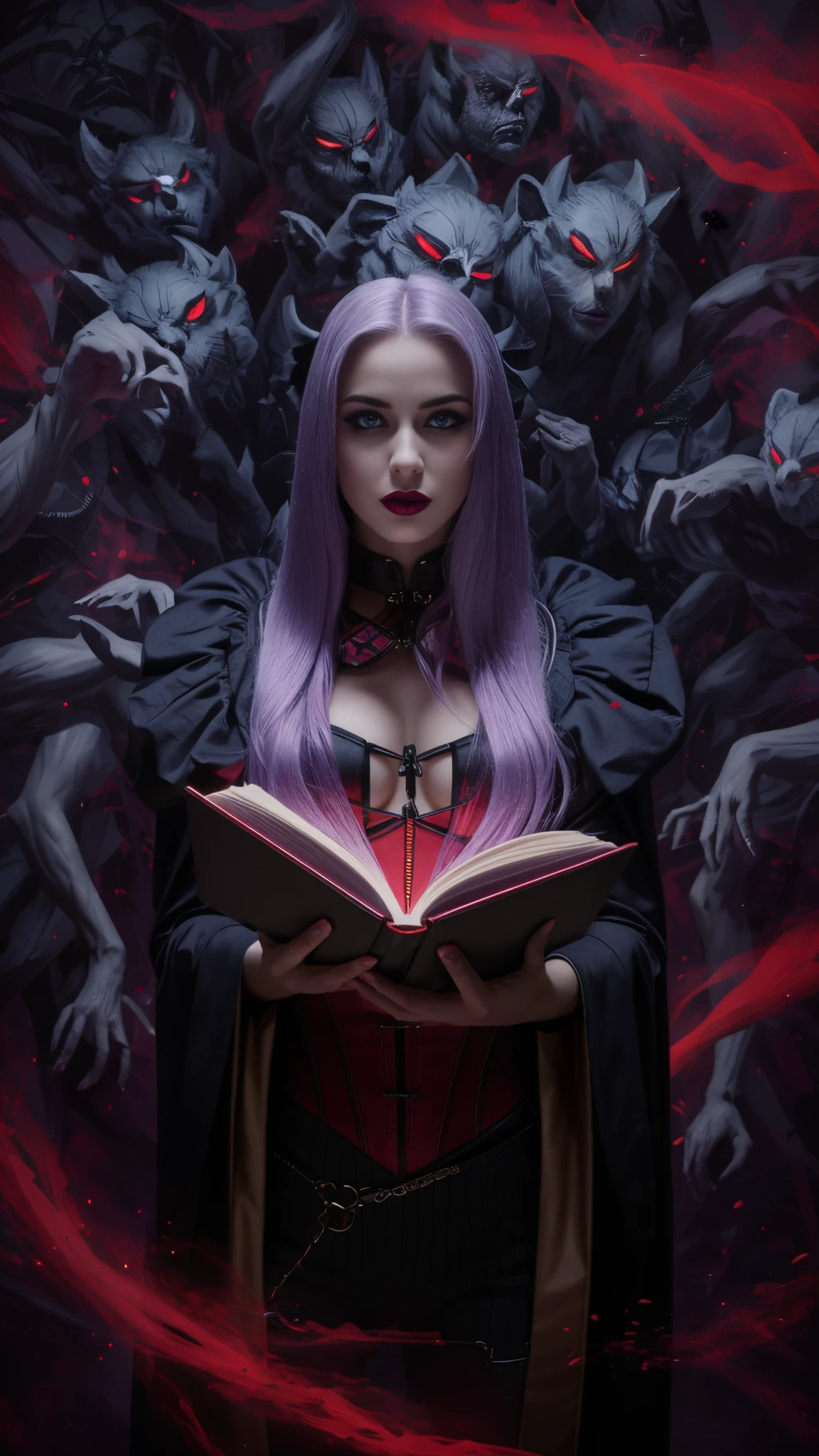 4K, sexy woman, muscular body, lilac hair, cloth suit, holding a book, red eyes, black lipstick, serious expression.