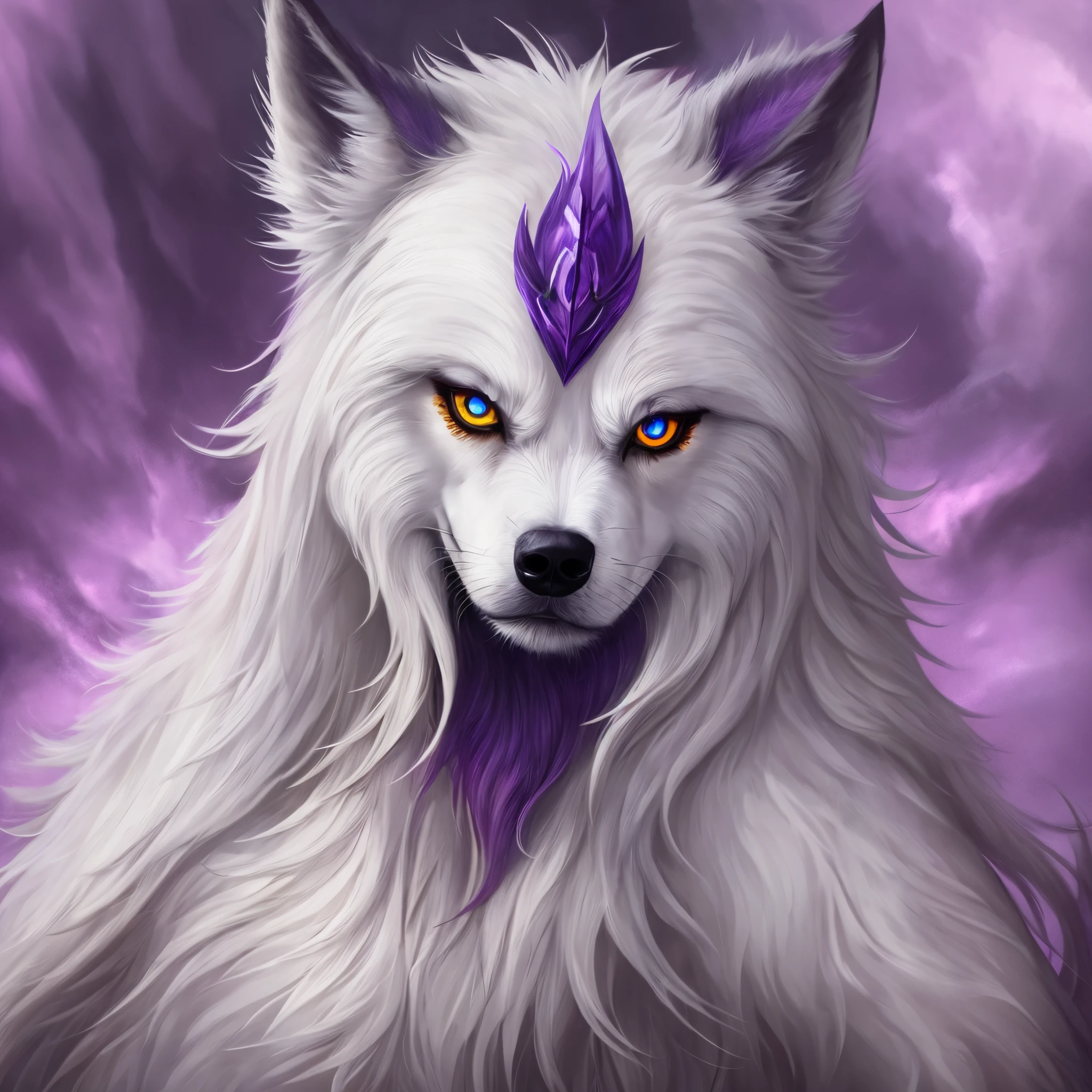 Photorealistic Werewolf warrior general Waifu, ethereal, Overlord anime, photorealistic, honored, supreme, tensura, no humans, horns, sky, star \(sky\), single horn, starry sky, night sky, colored sclera, night, yellow eyes, fluffy, looking at viewer, animal focus, black sclera, solo, white fur, dog, wolf, animal, ((masterpiece)), Cinema 4D, Vaporwave, Cyberpunk, Japanese, Unreal engine, innovative, furry