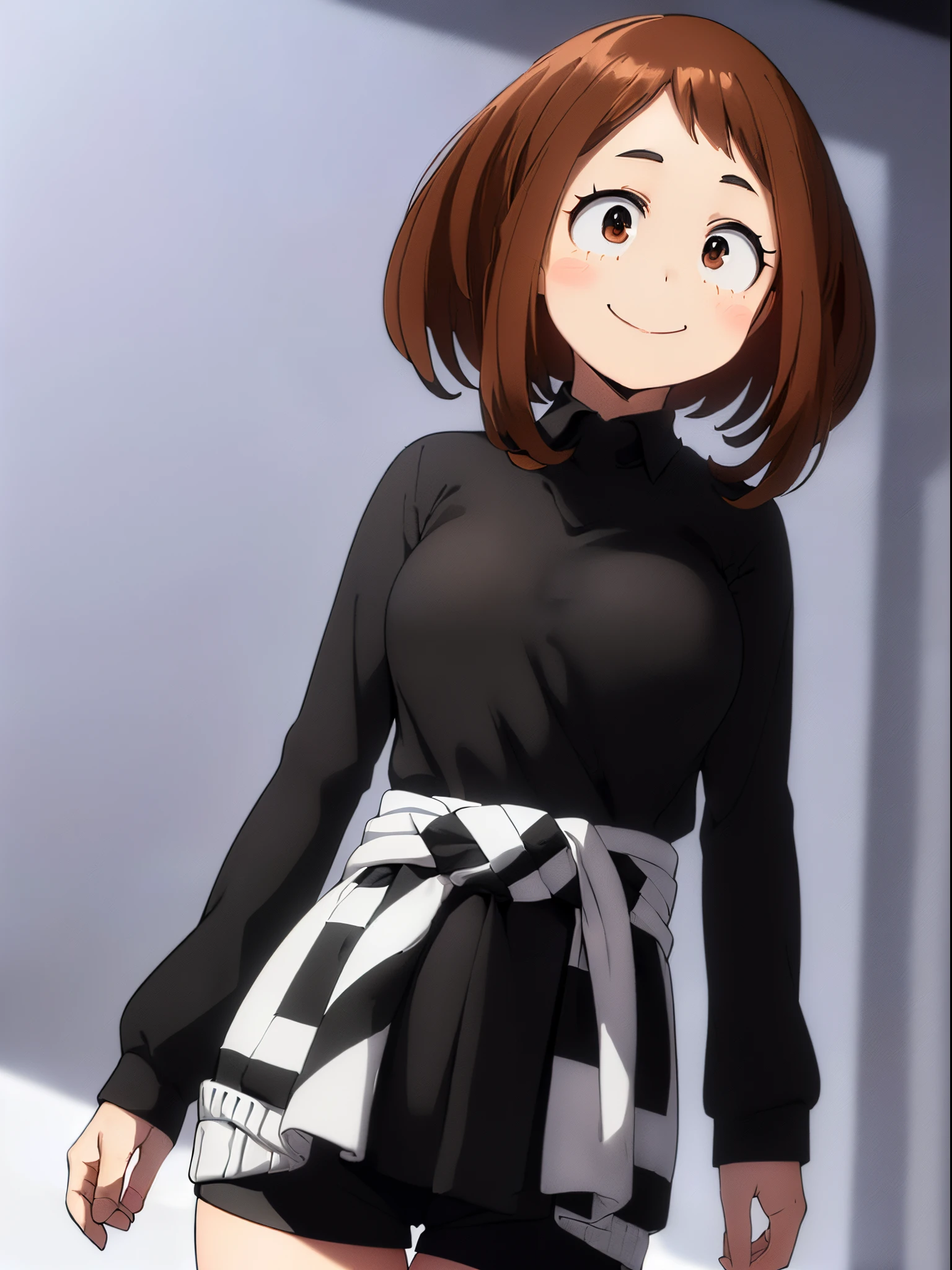 masuter piece, Best Quality, 超A high resolution, Anime style, The best lighting, Beautiful face, ​masterpiece、top-quality、ultra-detailliert、细致背景、1girl in、独奏、A smile、Ochako Uraraka、looking at the viewers、large full breasts, (short white knit sweater:1.3), (Black shorts:1.3), (Wrap a black checkered shirt around your waist:1.4)