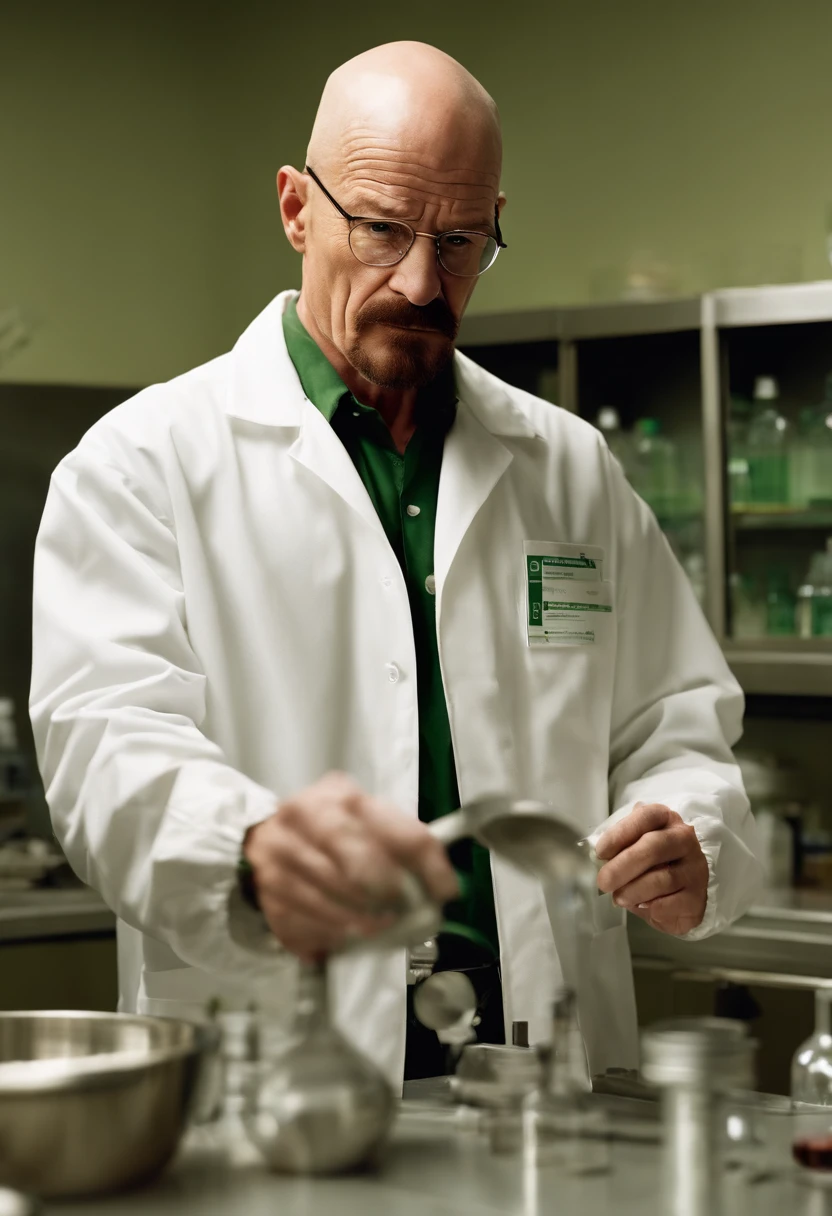A photo of Walter carefully weighing and measuring chemical compounds in the lab,Breaking Bad,Walter White, the central character of “Breaking Bad,” undergoes a dramatic transformation in appearance: from a meek, unassuming high school chemistry teacher with a mustache and glasses, to the bald, bearded figure known as “Heisenberg,” exuding menace and authority. His wardrobe shift from nondescript, muted clothing to darker, more assertive attire mirrors his descent into the criminal world. , male