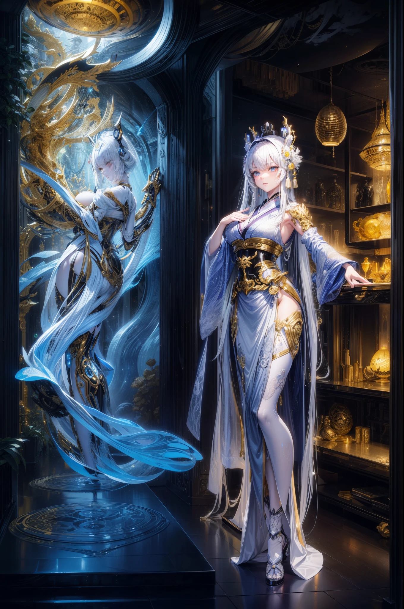 Photos of Japanese female robots in their 20s,Made of white and silver clear glass and plastic, geisha makeup, Black hairstyle, Silver and gold metallic interior, dynamicposes, flowing organic structure, Meticulous carving, Lace design, Glowing gold circuit, Colorful neon lights decoration, Meticulous carving, Lace design, glowing circuitry, neon trim, H'artistically.r. Giger, Greg Rutowski