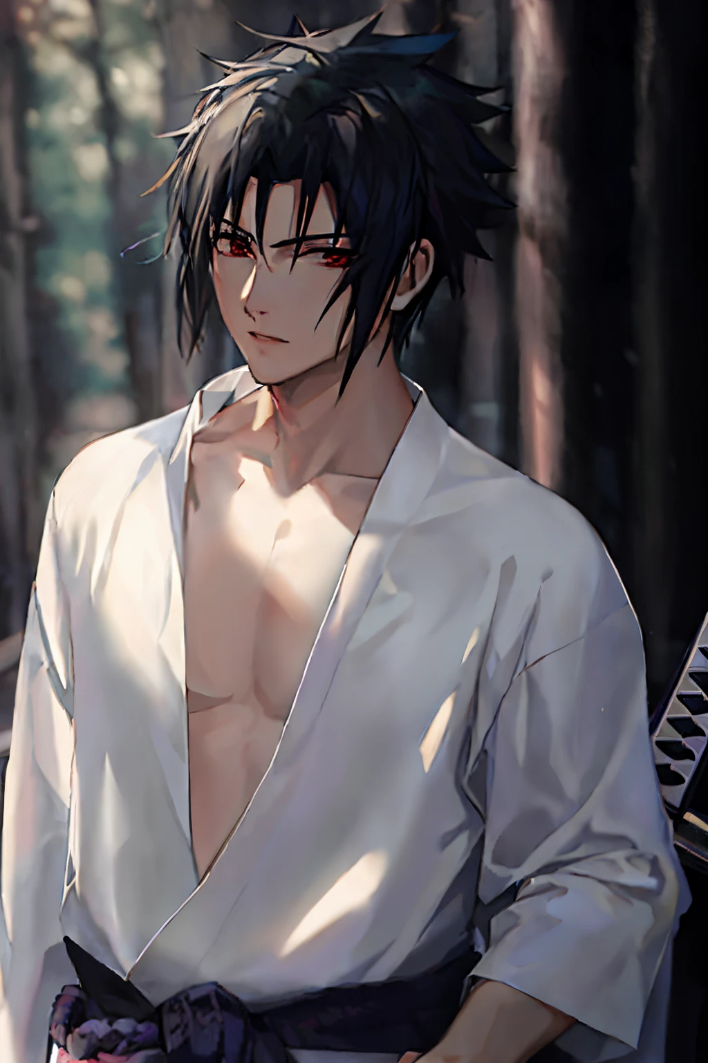 arafed image of a man in a white robe holding a sword, anime handsome man, handsome anime pose, wearing a simple robe, male anime character, wearing white robe, smooth anime cg art, black-white skintight robes!, handsome guy in demon slayer art, wearing a long flowing robe, wearing a white robe, sasuke uchiha, wearing simple robes