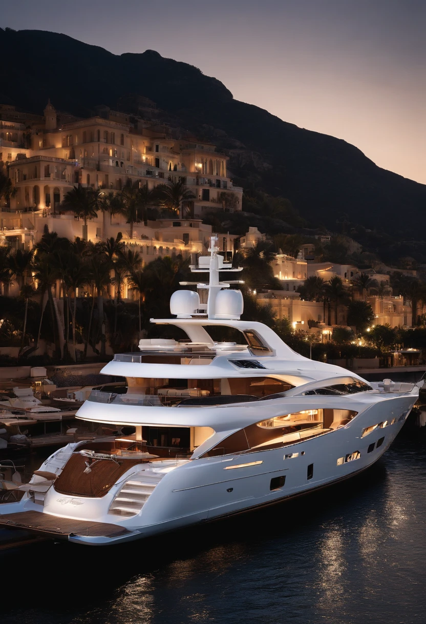 A photo of a luxurious yacht in the harbor,original,Hugh Hefner, the founder of Playboy magazine, was known for his distinctive appearance: often clad in luxurious silk pajamas or a smoking jacket, paired with a sailor’s cap or a smoking pipe, projecting an image of casual opulence. He maintained a well-groomed look with his hair neatly combed back, and later in life, he was recognized by his mature, yet charming demeanor., male