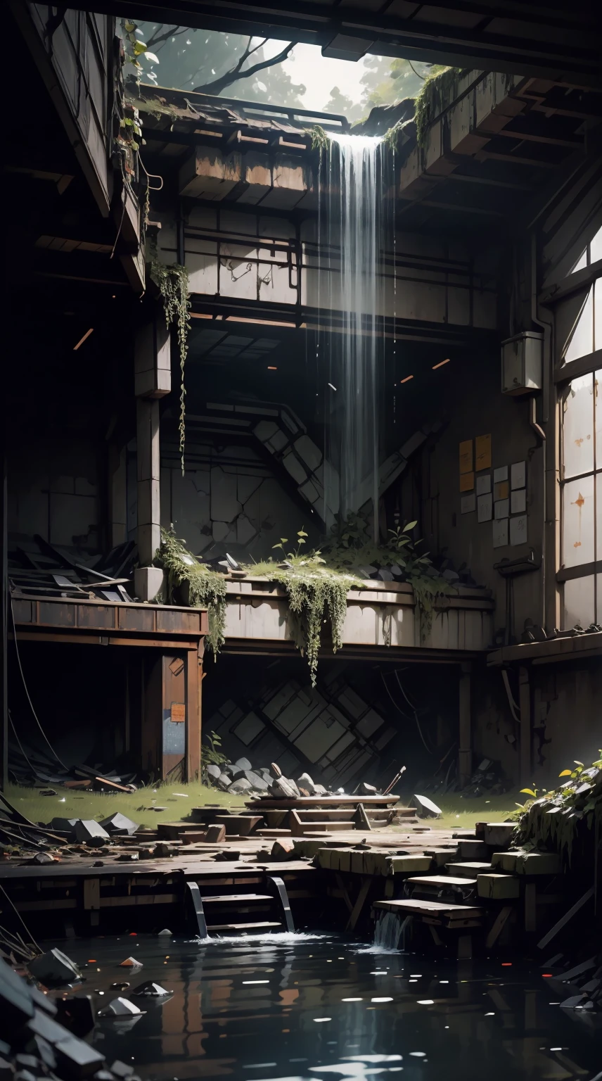 Visualize an underground cave with a underground lake, light rays pierce the dark cave, vines coming down from an opening in the cave above, mossy rocks line the interior walls, a war torn damaged Gundam decaying for centuries laying in a pool of water, the exoskeleton torso frame seems to have merged with the surroundings, in a seated pose, pool of water, parts of its body have been damaged and a battle that left it non-operational, rust had eaten away at its majestic paint job leaving behind only the faint words "DAINOMYTE", chest cockpit seems to have been open by the pilot, no power, water still trickling down on head from opening above, foggy below, , broken and old, mecha, 6000, robot, 8k , super details, Photorealistic, film quality, ultra detailed, dynamic lighting